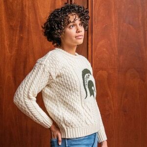 Michigan State University Women’s British Wool Crew-Neck Fisherman’s Sweater